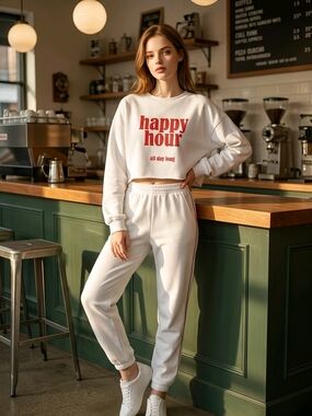 Cropped 'Happy Hour' Crewneck Sweatshirt - White with Red Print